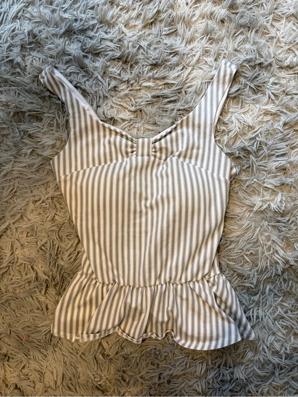Striped Gray and White Peplum Bathing Suit Top